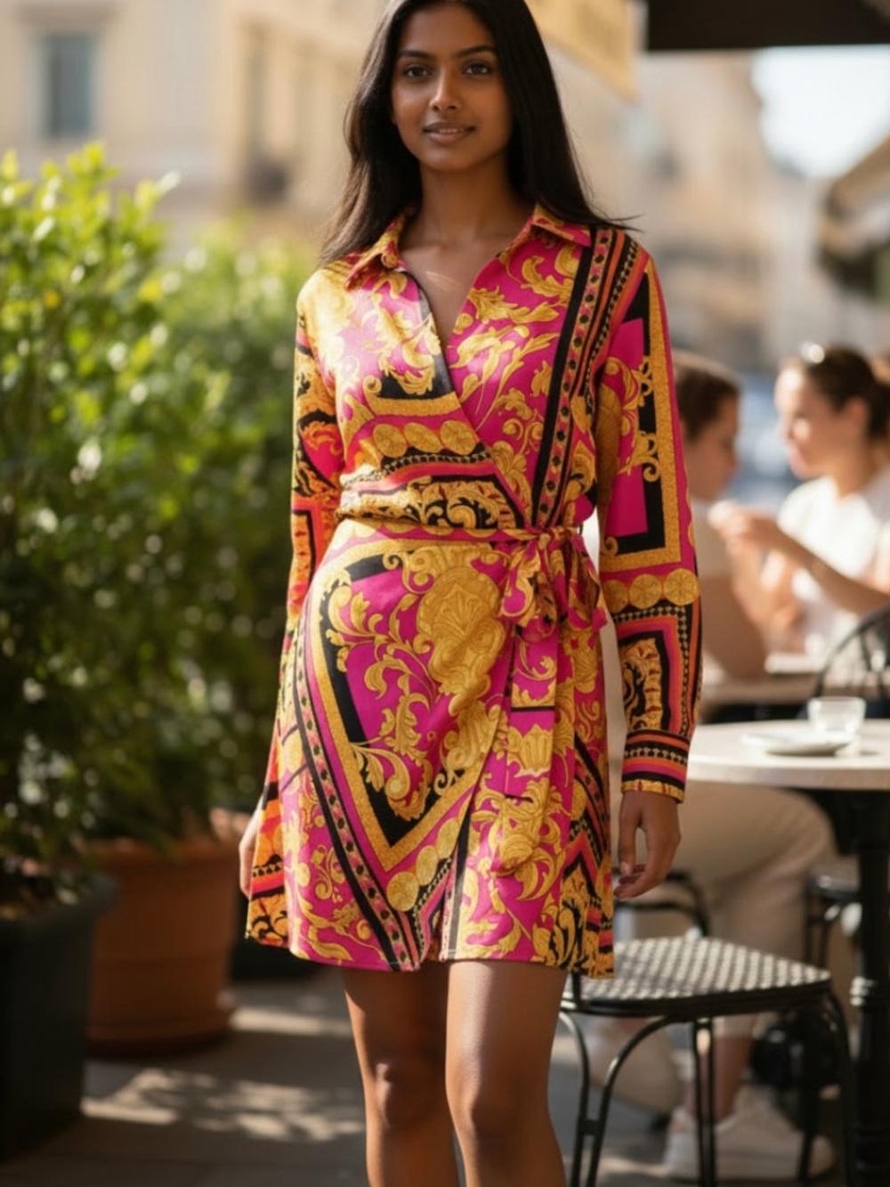 EUC Long Sleeve Pink & Gold Print Tie-Waist Dress - Picture 2 of 13